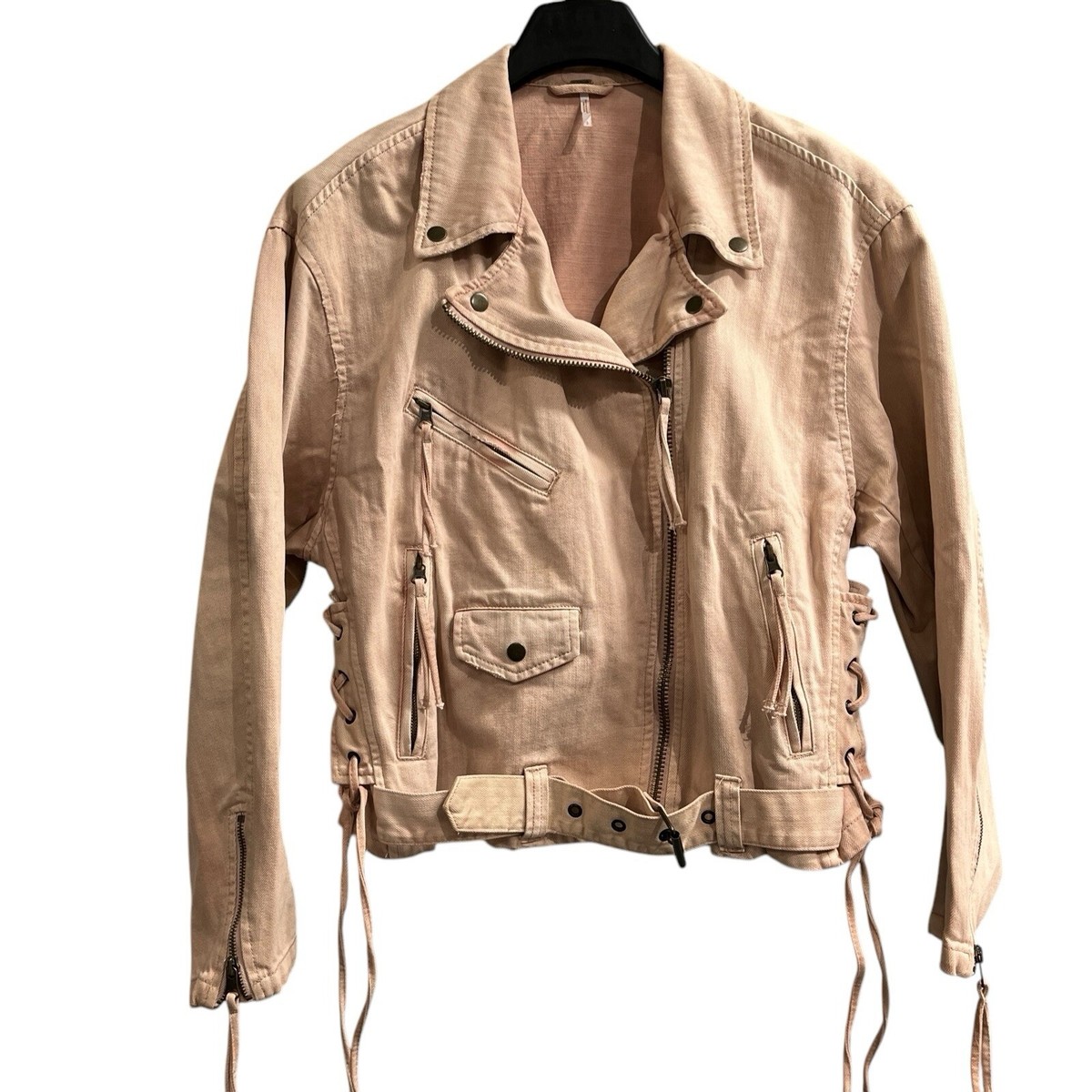 Free People Denim Moto Jacket Womens S Pink Oversized Lace
