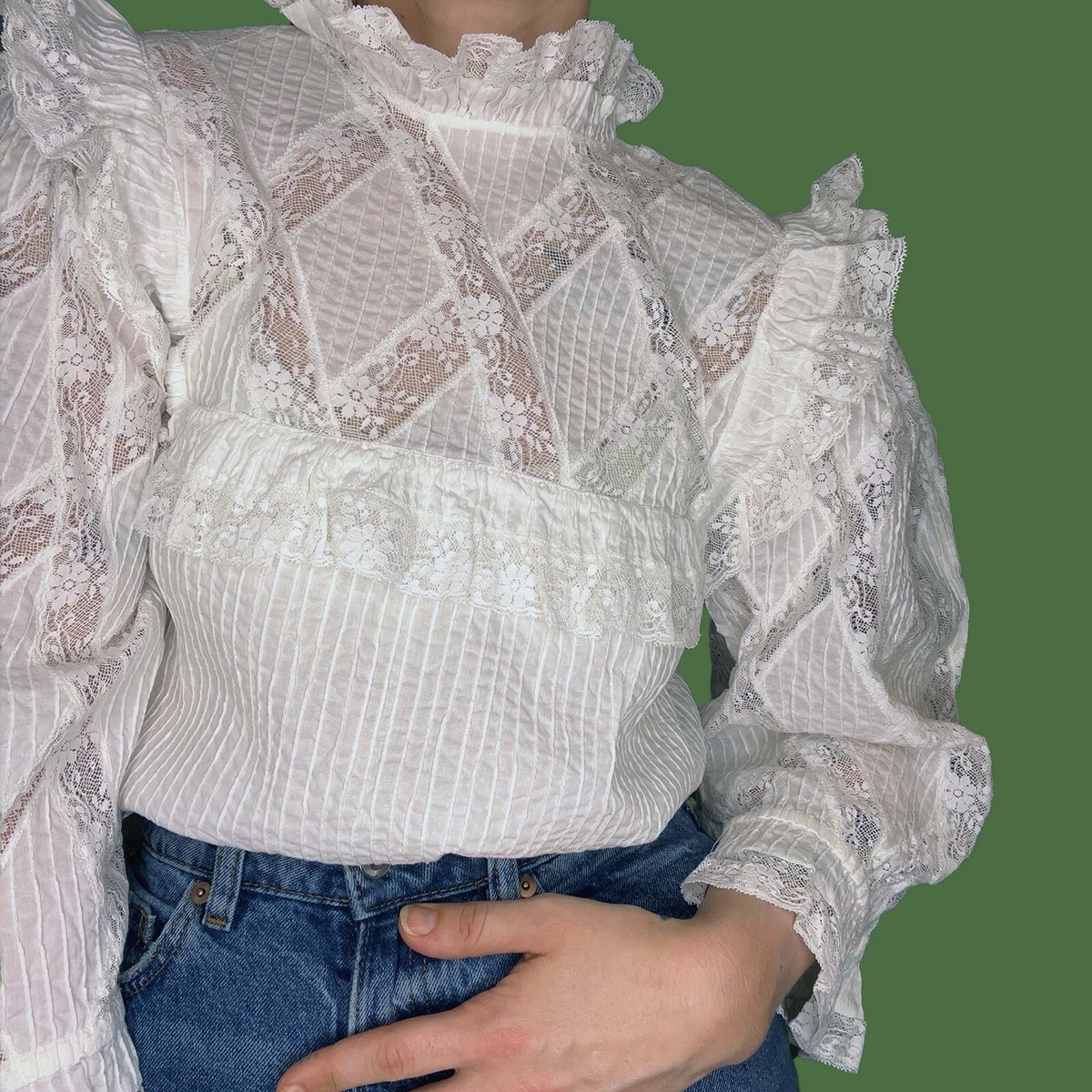 VTG 60s/70s High Neck Ruffle Collar Victorian Style Vintage Lace