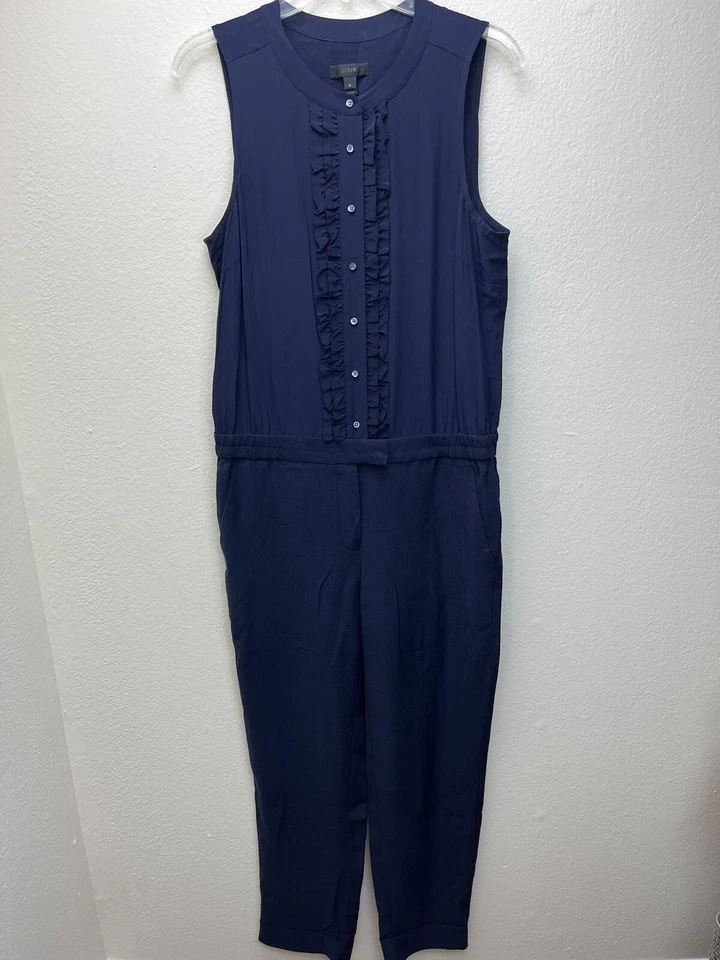 Mono J Crew Volantes Frontales F5571 Azul Marino Top Pantalones Talla 8 Mezcla Seda Foto 2 de 4