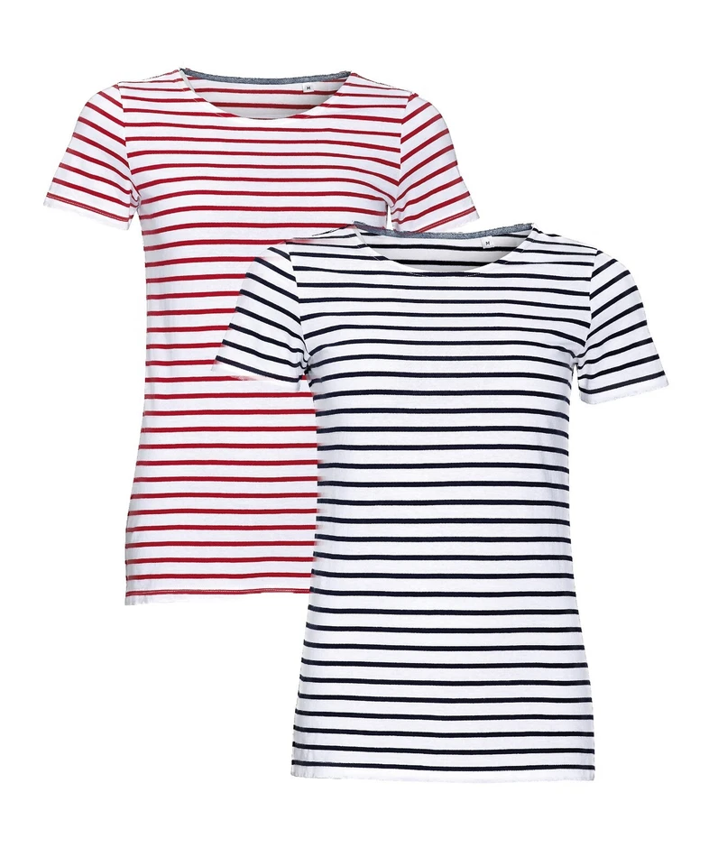 Sols Damen T-Shirt Weiß Rot oder Blau Gestreift Kurzarm Crew Neck - Bild 1 von 1