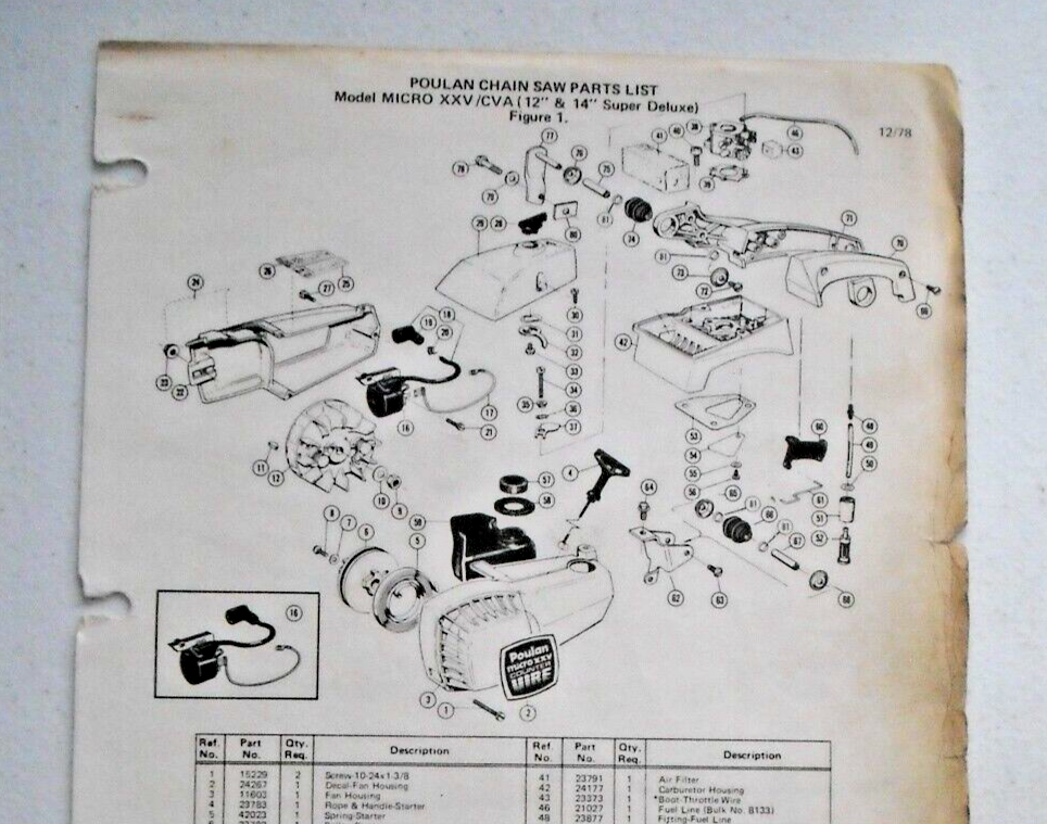 Vintage 1978 Poulan Parts List - MICRO XXV/CVA (12