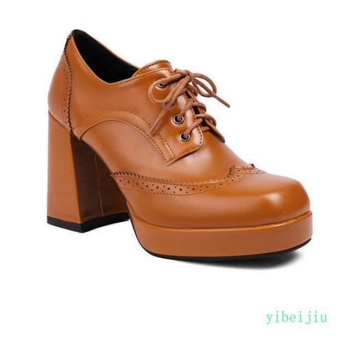 Women's Retro Platform Spring Fall Lace Up High Heel Shoes Square Toe Mary Janes - Picture 15 of 21