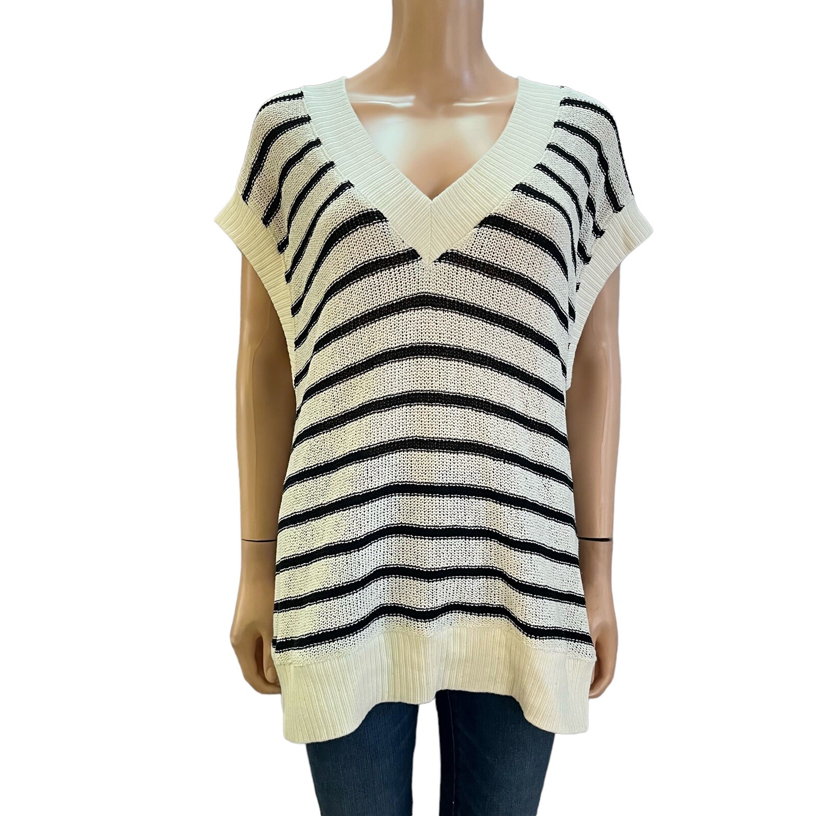 Zara Womens Oversized Sweater Vest Striped V Neck Cream Black Size Medium |  eBay