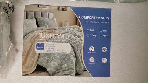 MUXHOMO Full Comforter Set, Sage Green Elegant Floral Print Bed in a Bag 7 Piece - Picture 9 of 16