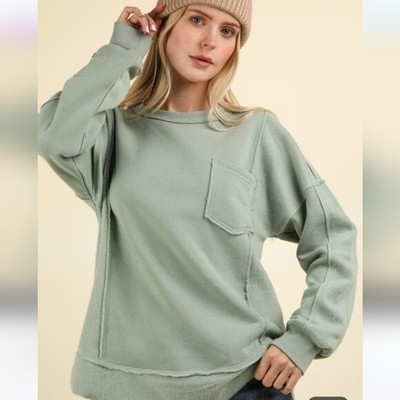 New In Boutique Sage Contrast French Terry Knit Oversized Casual Top NWT size S