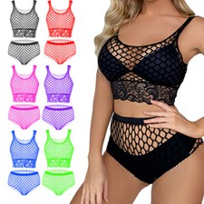 Women Fishnet Sleeveless Cami Crop Tops and Briefs Thongs Lingerie Set Babydoll