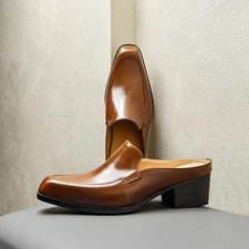 Men's Square Toe Slingback Slippers Genuine Leather Casual Loafers 5CM Shoes
