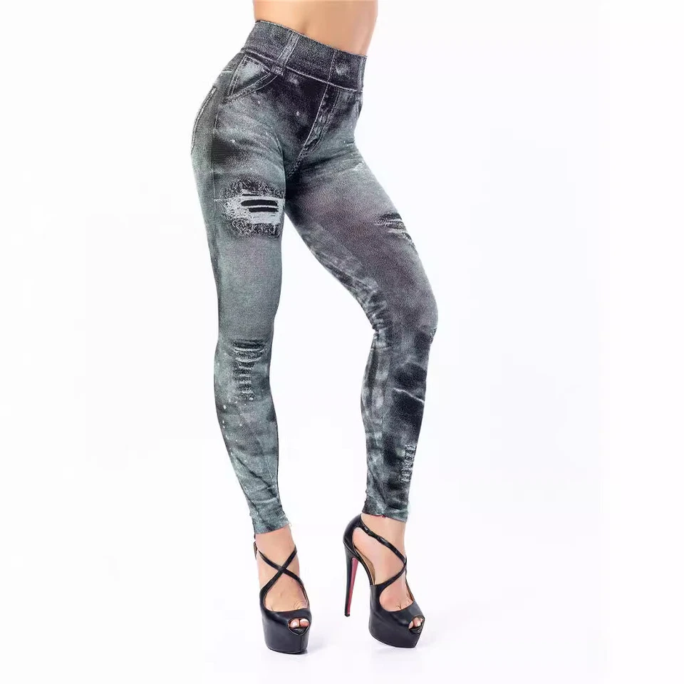 8 Colors Stretch Denim Jeggings Women Printed Skinny Ankle Pants High Elastic - Image 2 of 4