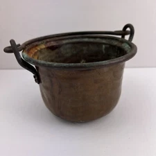 Antique Small Hammered Copper Cauldron Pot  Ornate Handle 4” Tall With Handle