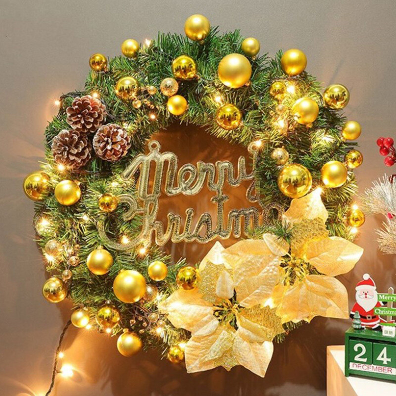 LED Christmas Door Wreath Xmas Home Room Wall Hanging Garland Flower