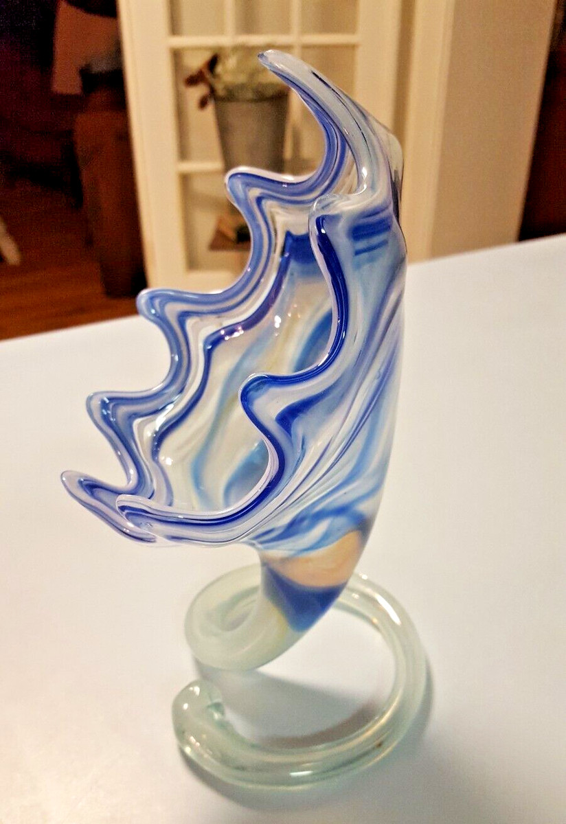 Murano Style Hand Blown Art Glass Coil Base Cornucopia Cobalt Blue Swirl  Vase | eBay