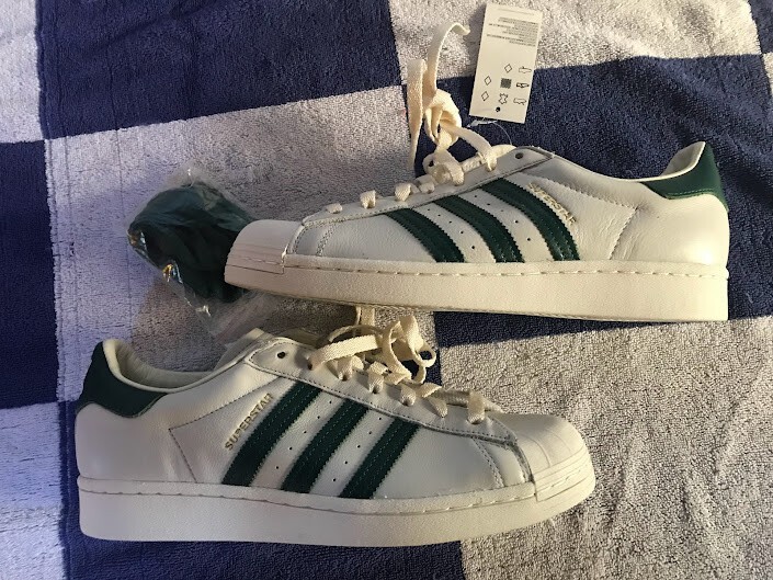Adidas leather 'Superstar' shell-toe sneakers white/green size M9 - brand  new | eBay