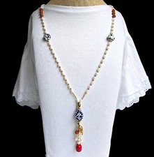Collar Artesanal Perla Talavera Cuentas Borla Coral Rudraksha Oro 14K Probado 35"