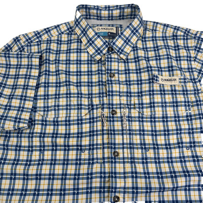 Magellan Outdoors Shirt Mens M Blue Plaid Fish Gear Short Sleeve Vented Fishing