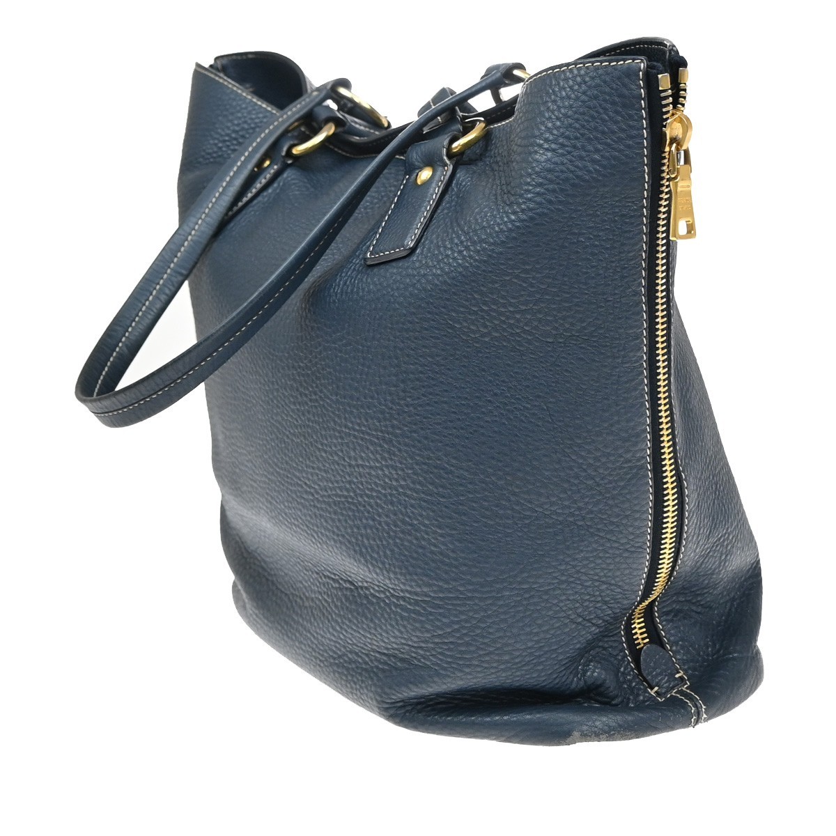 PRADA Logo Side Zipper Shoulder Hand Bag Leather Blue GHW