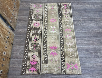 3x5 Beige Brown Pink Vintage Turkish Small Area Rug, Hand-Knotted Wool Patchwork