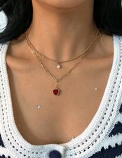 14k Gold Layered Necklace Red Heart  Pearl Birthday Gifts For Women