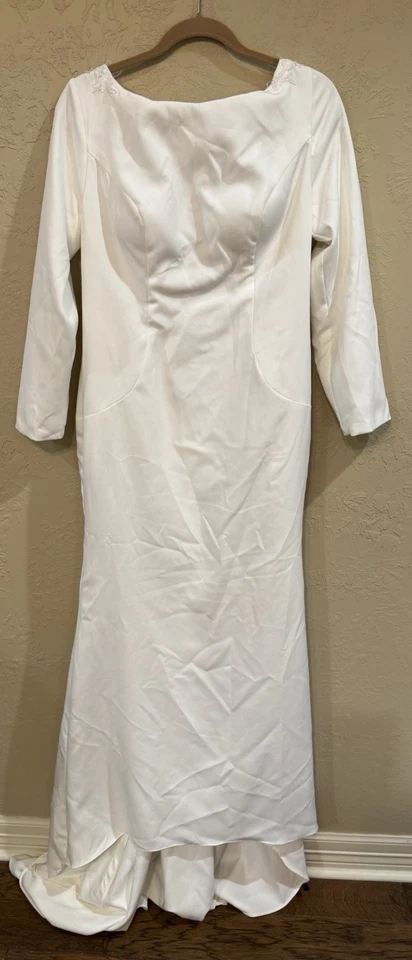 Wedding Dress Size 14 White Satin Mermaid Low Back With Flowers Long Sleeves - Image 2 of 4