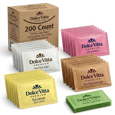 Dolce Vitta Sugar & Sweetener Variety Pack 200 Packets   Stevia Sucralose