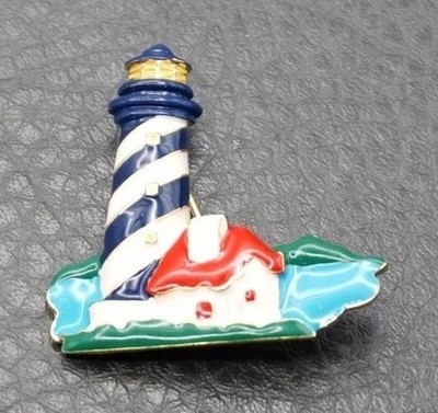 Vintage Enamel Lighthouse Pin Brooch Gold Tone Red White Blue