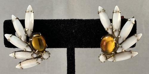 Vintage WEISS White Milk Glass & Yellow Orange Cabochon Clip-In Earrings READ