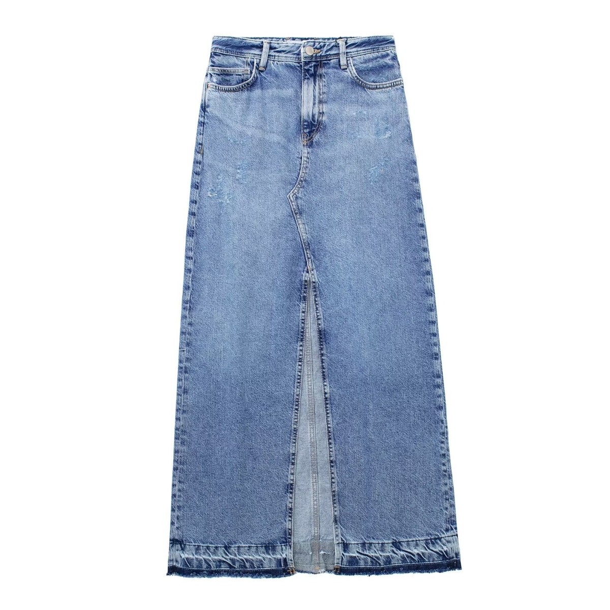 New Blue Denim Front Zipper Slit Maxi Skirt Women Fashion High