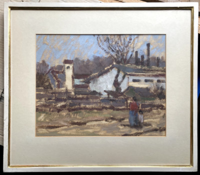 ::GOUACHE HÄUSER BAUERNHOF PERSONEN °EXPESSIONIST RAHMEN UNSIGNIERT FELDER MOOR