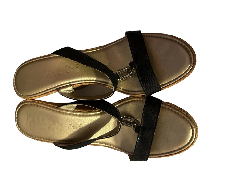 Sandalias de cuña italianas negras con estampado de piel de serpiente plataforma de 4" para mujer talla 11 Foto 2 de 4