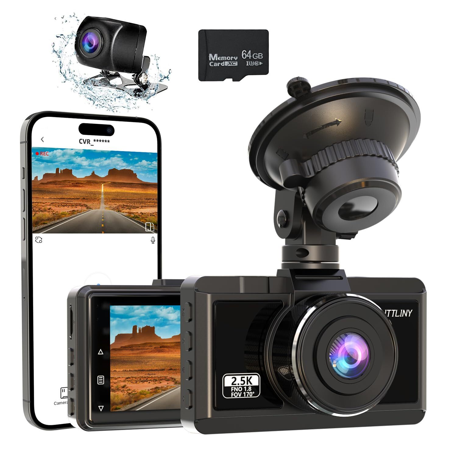 Front and Rear Dash Cam 2.5K+1080P FHD WiFi Dual Car Camera with 170° Wide Angle-image