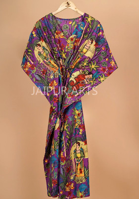 Indian Woman Farida Kahlo Kaftan Cotton Printed Long Gown Maxi Dress Nightwear