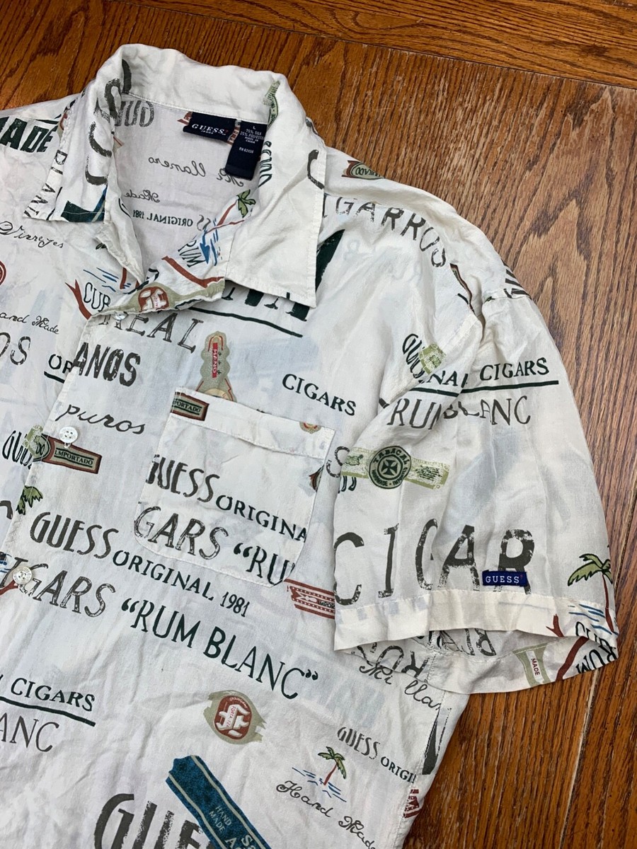 VTG 90s Guess Jeans USA Silk Button Up Hawaiian Shirt Men