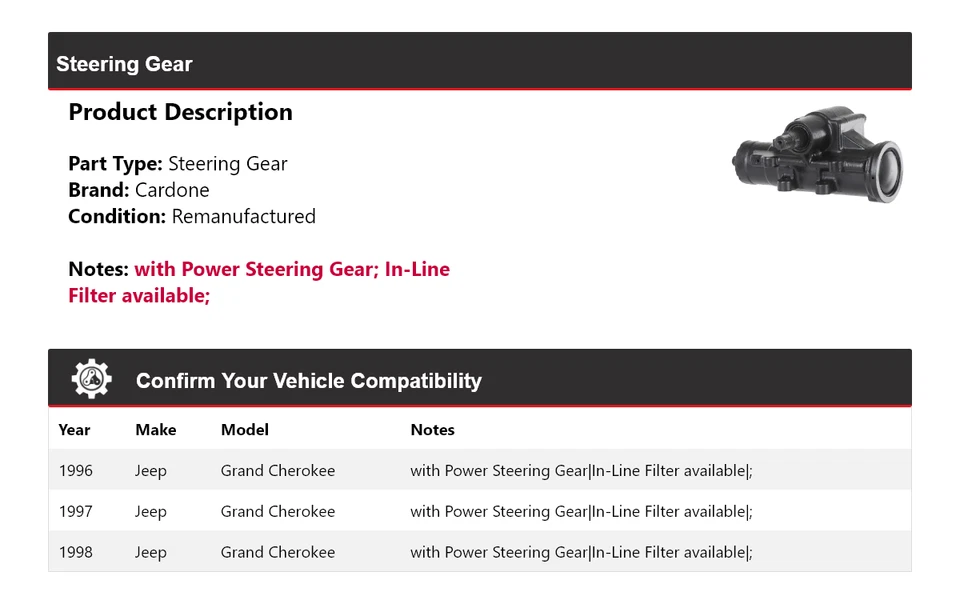 Para Jeep Grand Cherokee 1996-1998 engranaje de dirección Cardone 1997 Foto 2 de 4