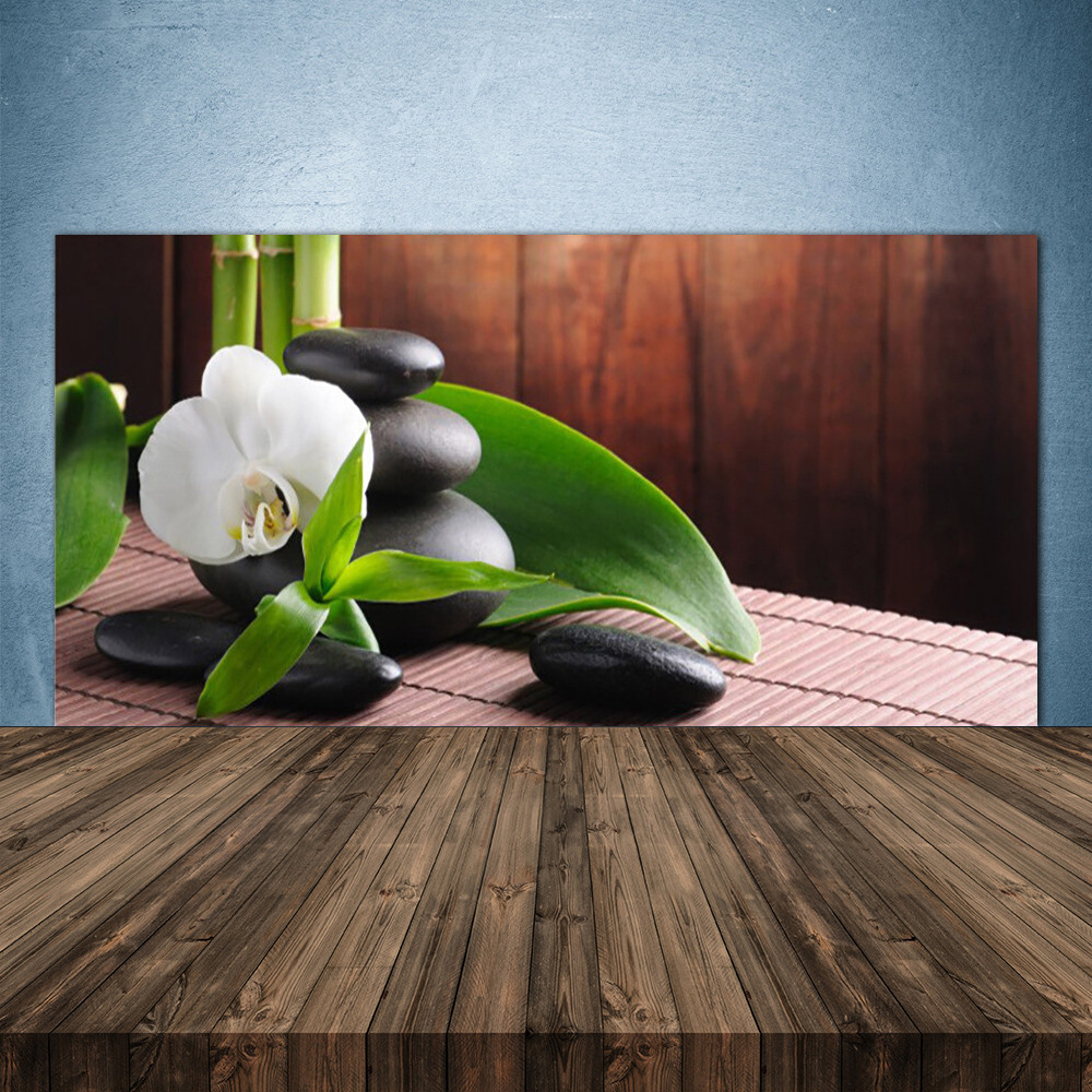 Crédence de cuisine en verre trempé 140x70 haut de gamme au design fleurs et pierres