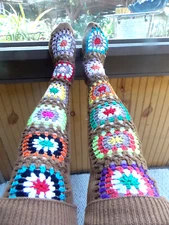 COLORFUL WOMEN'S GRANNY SQUARE CROCHET THIGH HIGH KNIT LEG WARMER SOCKS
