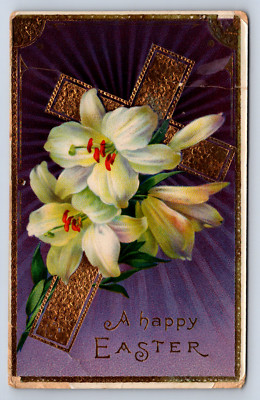 Vintage Postcard Easter Greetings Floral Cross 1914