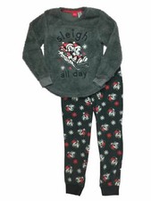 Disney Womens Plush Gray Fleece Mickey  Minnie Mouse Pajamas Sleigh All Day XS