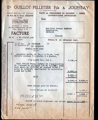 ORLEANS (45) EISENWAREN für GEBÄUDE ''GUILLOT-PELLETIER Fils & JOUFFRAY'' 1947