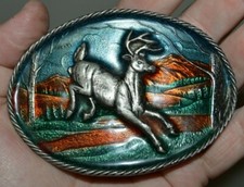 Vintage 1980 DEER Hunter Color Inlaid Solid Heavy Belt Buckle Rare MINTY 7oz