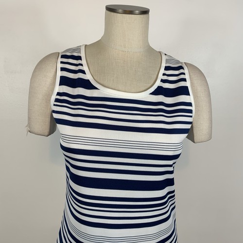 Vintage Womens 70s Hay Pence Navy Blue White Stripe Midi Dress Drop Waist Preppy - Picture 2 of 8
