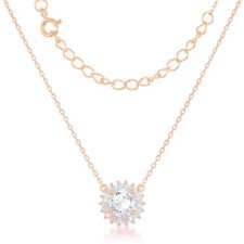 Small Round CZ with CZ Border Necklace - Rose Gold Plated
