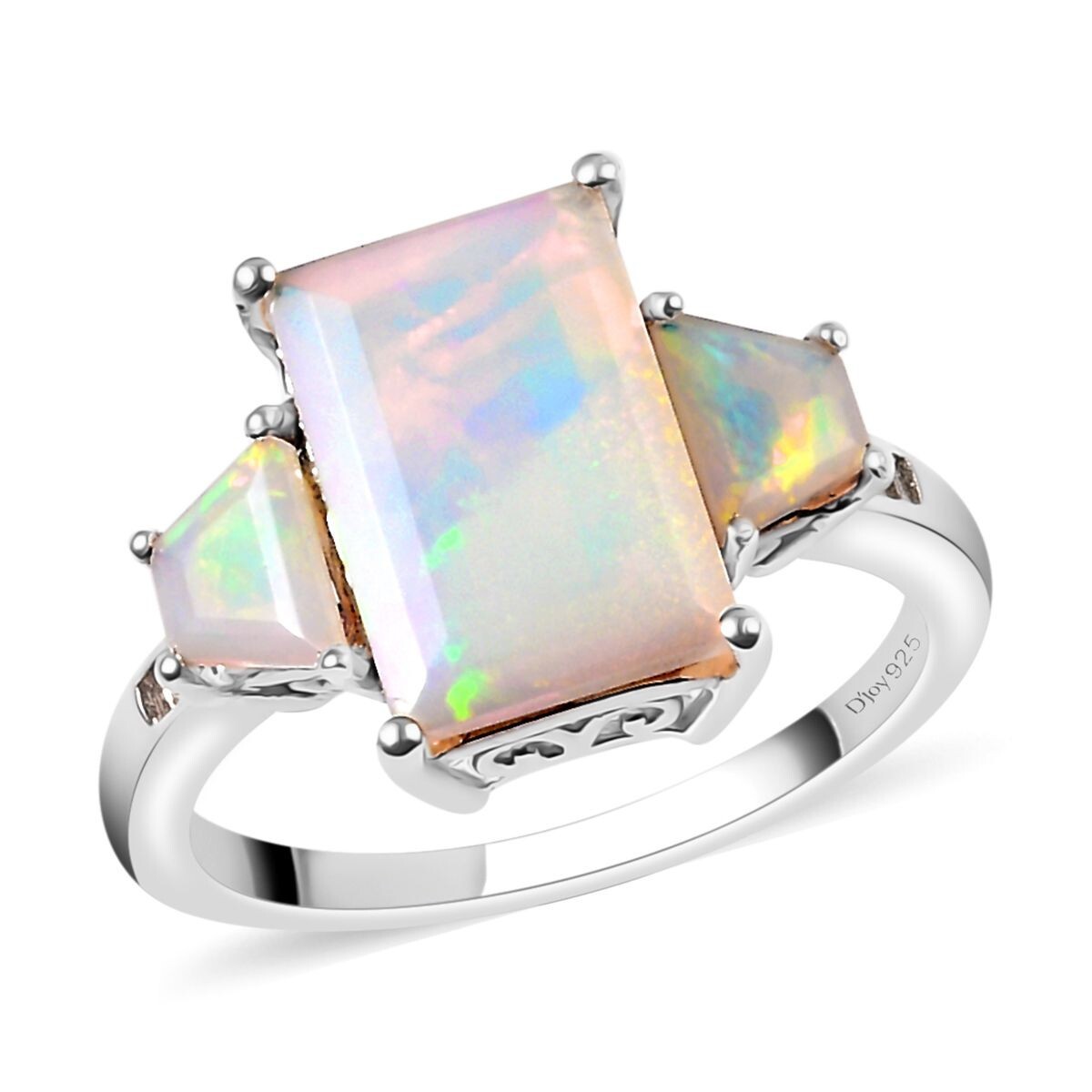 Natural Opal Three Stone Vintage Engagement Ring in 14K White Gold Plated
