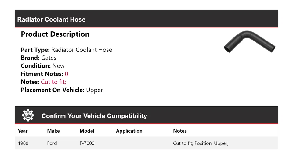 适用于 1980 年福特 F-7000 散热器冷却液软管上门 — 第 2/4 张图片