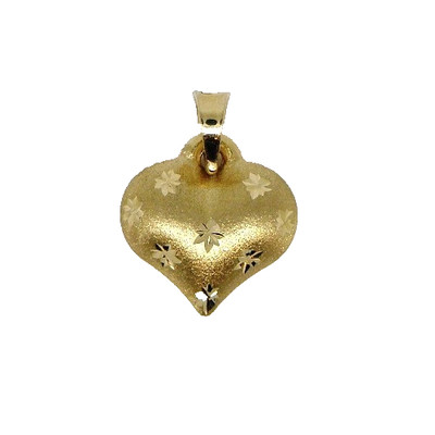 14K Gelbgold Satin Puffed Herz Charm mit Diamantschliff Sterne Anhänger 3D