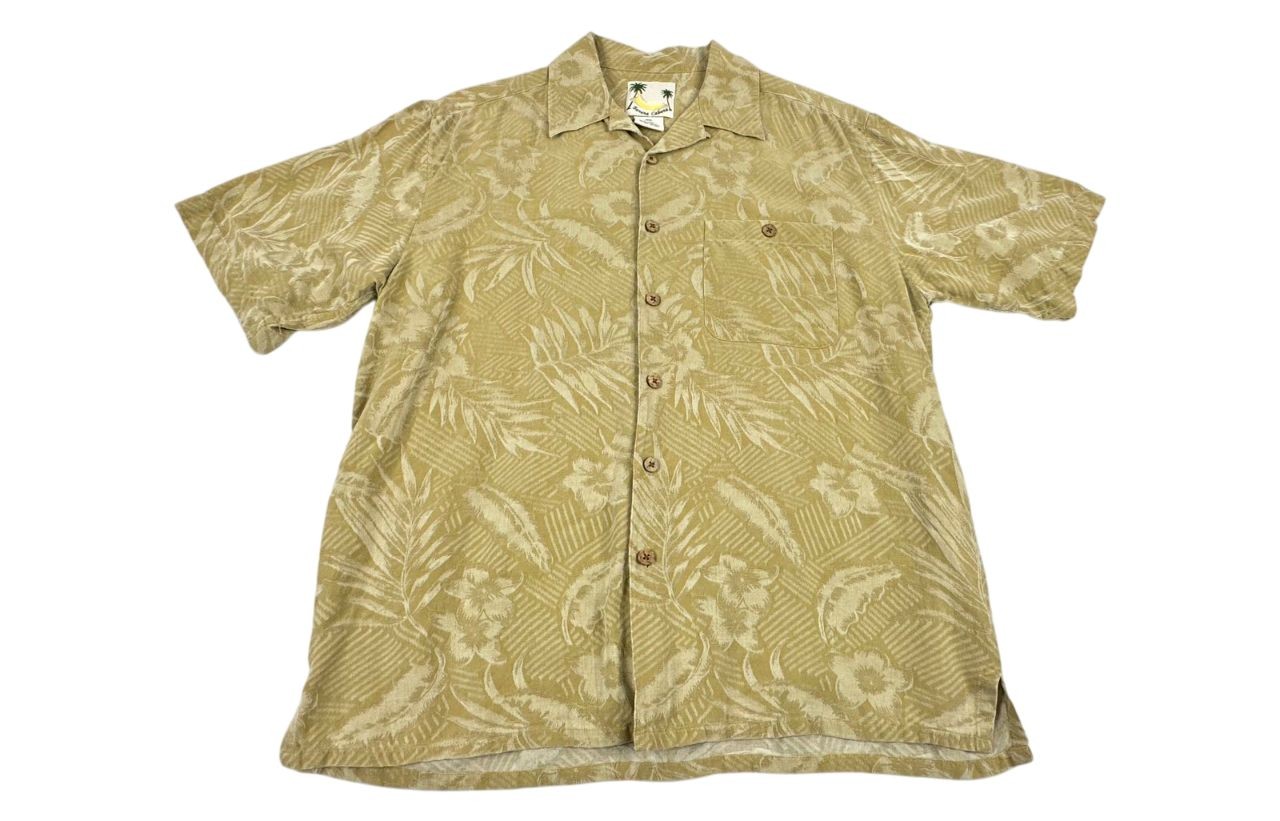 Banana Cabana Beige Silk Hawaiian Style Button Up Casual Shirt. Men's - Size L