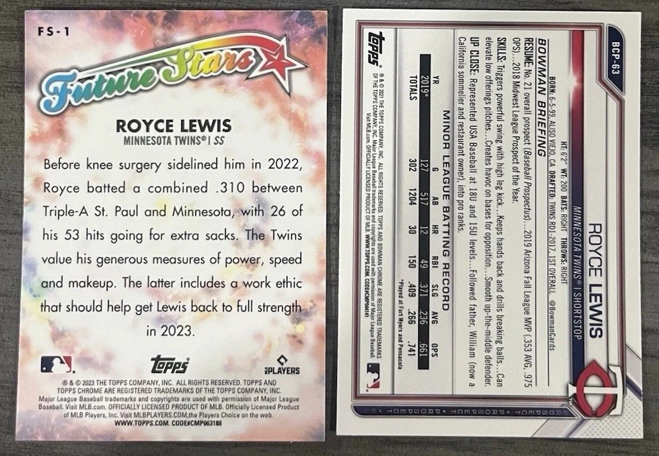 Royce Lewis Lot 2021 Bowman Chrome #BCP-63/2023 Topps Chrome Future Stars #FS-1 - Image 2 of 2
