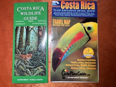 Costa Rica Wildlife Guide Laminated Pocket & 2024 Costa Rica Travel Map - set 