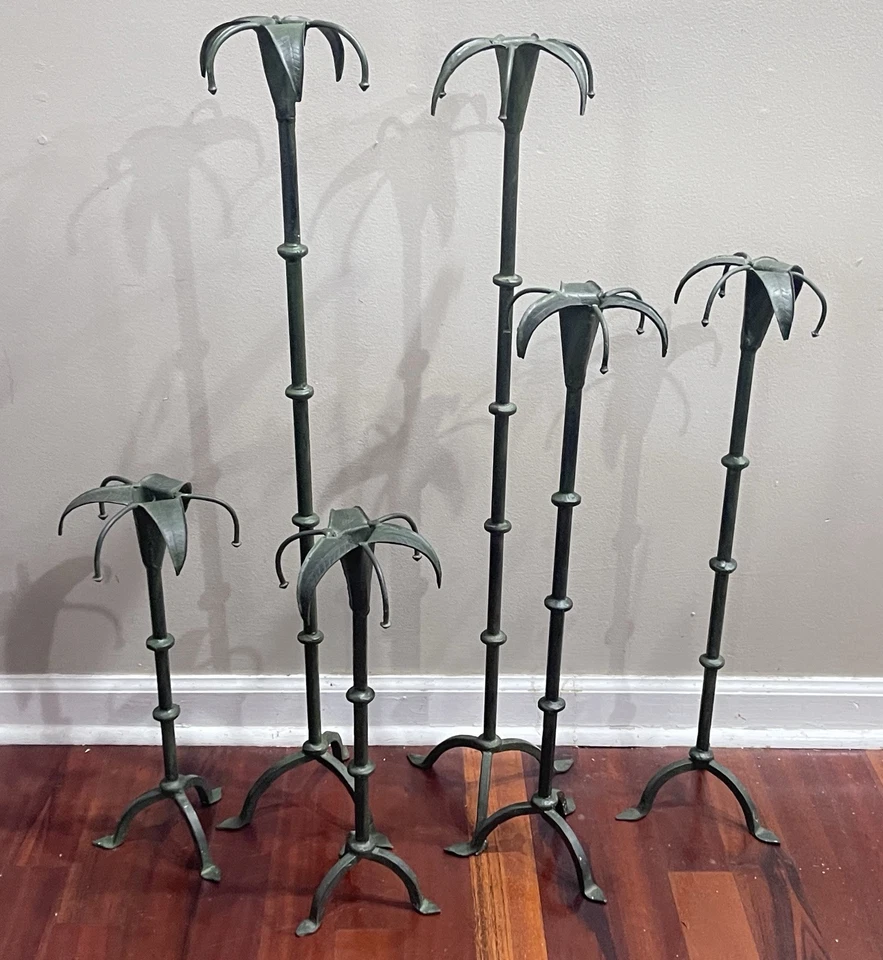 RARO Conjunto Completo de 6 Castiçais de Palmeiras Verde Ferro Forjado à Mão Samuel Yellin - Imagem 2 de 4