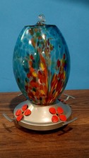 Hand Blown Glass Hummingbird Feeder Blue Red Confetti Outdoor 32oz