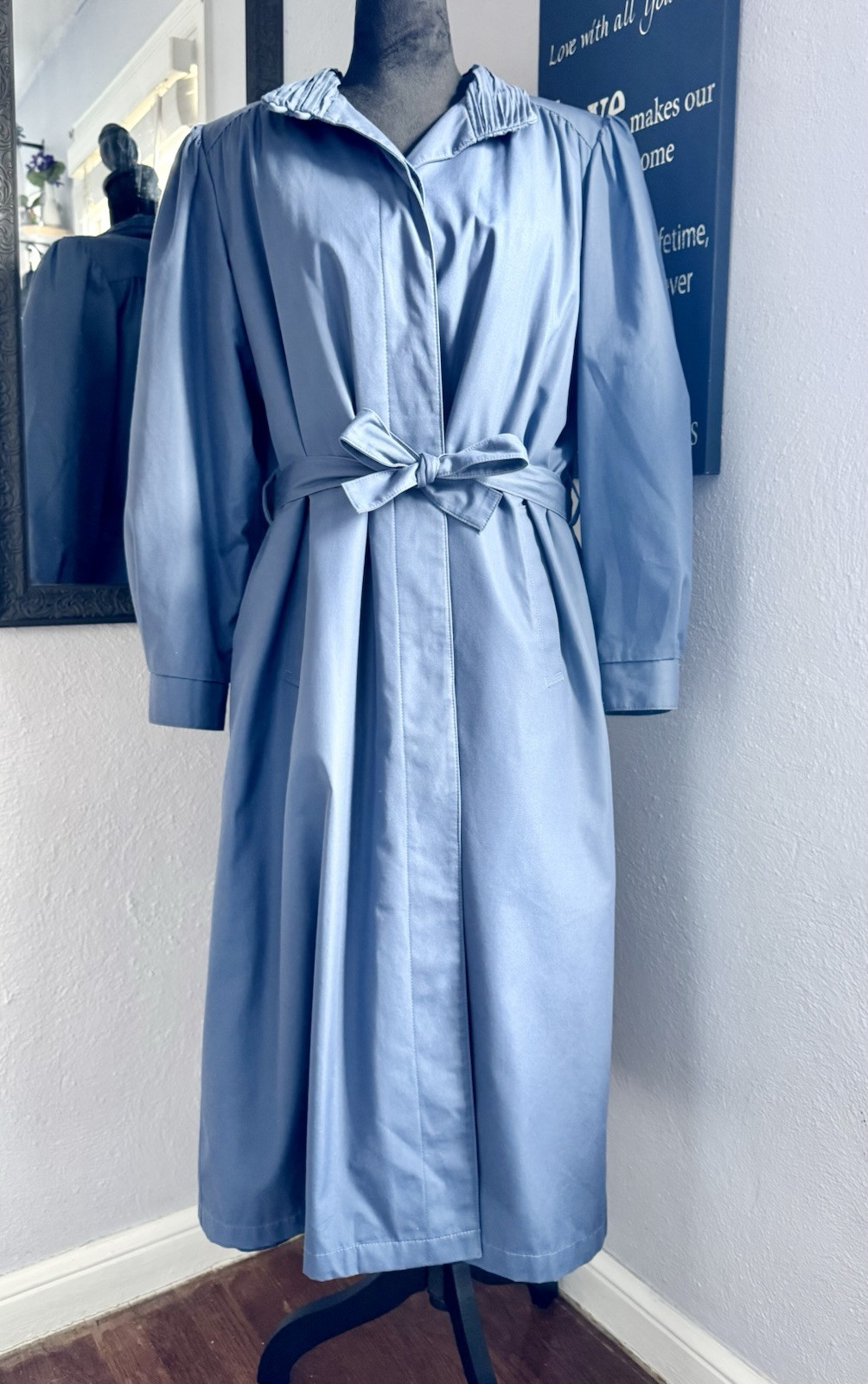 VTG Lt Perrywinkle Blue Belted Duster Weatherwear Trench Coat Zip-In Liner Sz 16