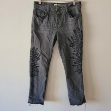 We The Free Embroidered Floral Denim Pants Raw Hem Gray / Black Size 27 Jeans